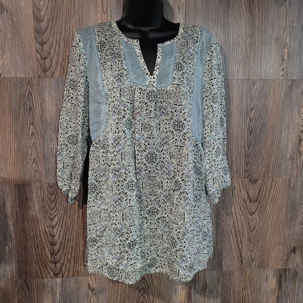 J Jill Semi Sheer Boho Tunic Size Small Split Neck 3/4 Balloon Slv Lightweight